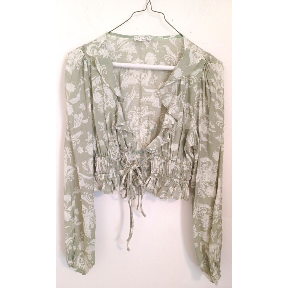 Endless Blu V Neck Floral Open Front Blouse S Sage Green Tie Waist Boho Coquette